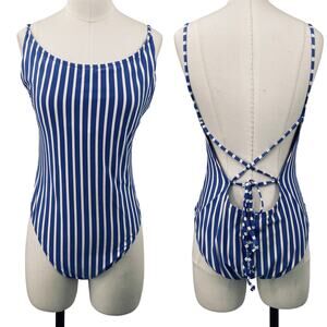 J Crew Striped One Piece Swimsuit Low Strappy Back Scoop Neck Blue White 16